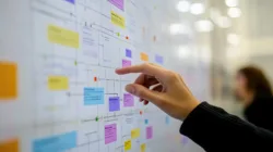 Project planning board with a hand arranging project tasks